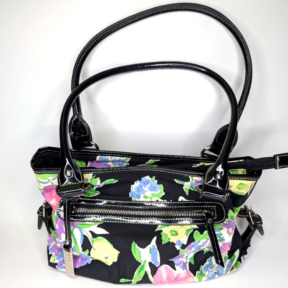 Vintage Floral Black Handbag By Chaps. Tote. Outside Zippered Pocket.